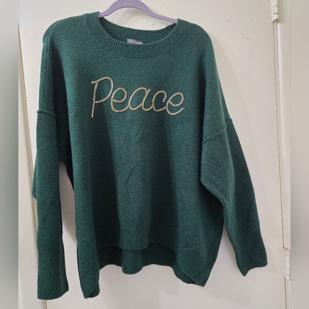 Vince Camuto Green Sweater with Peace Embroidery